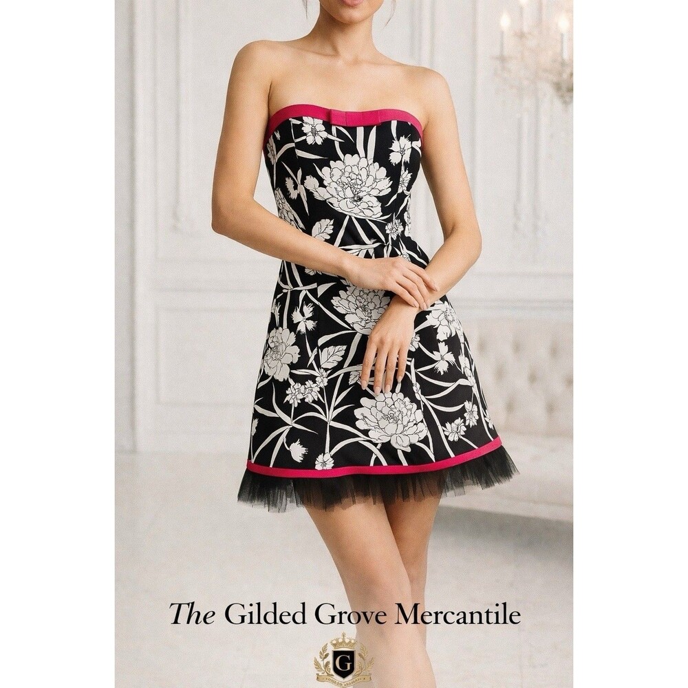 Jessica McClintock Gunne Sax Floral Strapless Dress 7/8 Black Pink Tulle Hem